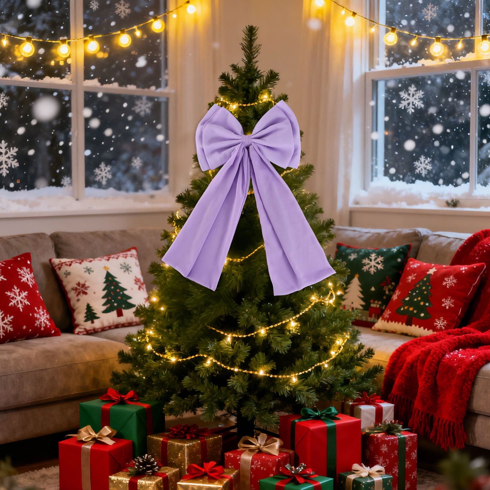 Purple Oversized Bow With Double Layer Design For Christmas Tree Or Mantel Decoration Pearl Chiffon Fabric Holiday Ornament