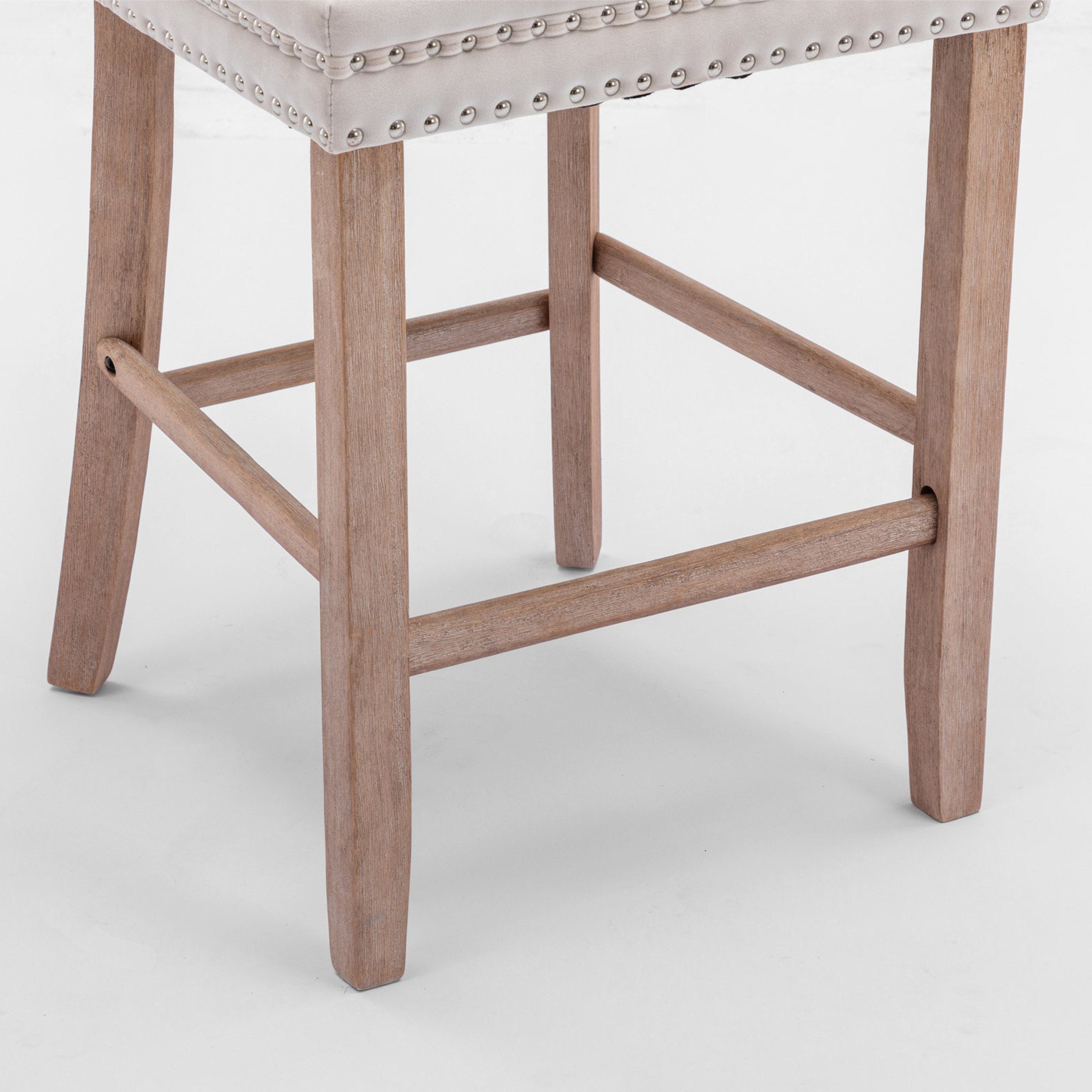 Button Tufted Upholstered Velvet Bar Stools with High Backrest, Solid Wood Legs, and Rivet Detailing, Beige, Set of 2