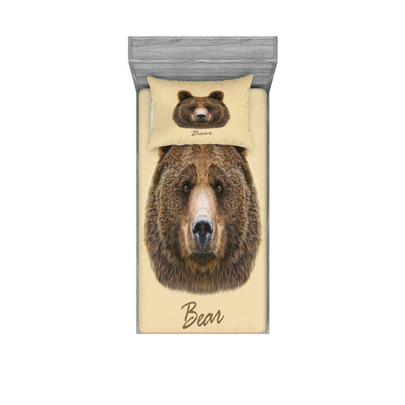 Ambesonne Bear Fitted Sheet & Pillow Sham Set, Strong Wild Beast Animal, Twin, Brown Sand Brown