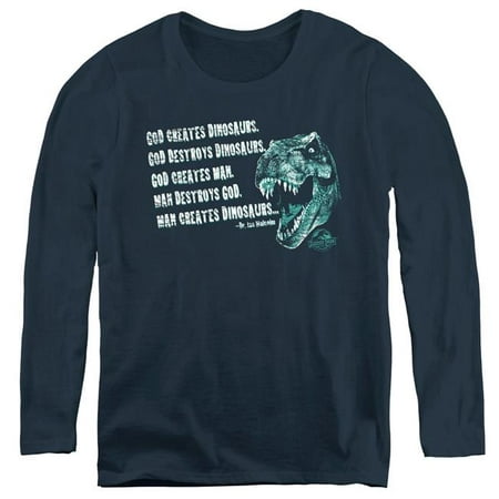 Trevco Sportswear UNI138-WL-1 Womens Jurassic Park & God Creates Dinosaurs Long Sleeve T-Shirt, Navy -