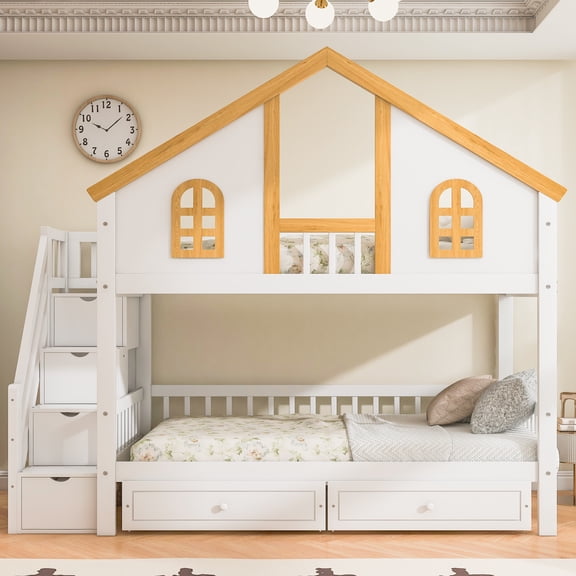 Euroco Twin over Twin Bunk Bed with Drawers, House Roof Bed with Storage Staircase, White