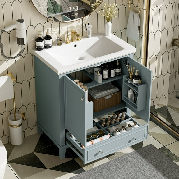 30 Inch Freestanding Bathroom Vanity with Ceramic Sink, Solid Wood Storage Cabinet featuring 2 Doors, Adjustable Shelf & Functional Drawers, Durable & Easy Assembly for Modern Bathrooms