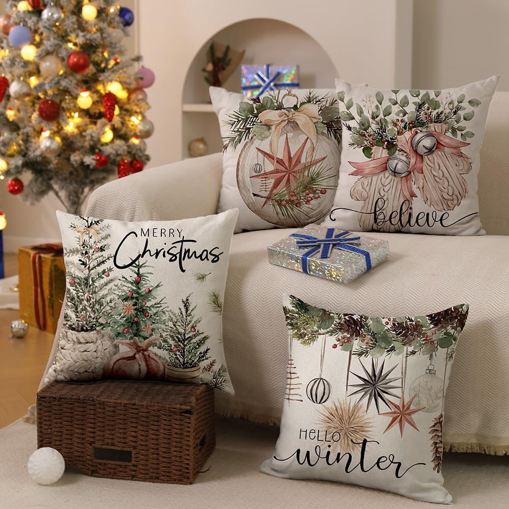Christmas Pillow Covers 20x20 inch Set of 4 Christmas Tree Gloves Hello Winter Decorative Throw Pillow Covers Winter Farmhouse Decoration for Home Couch