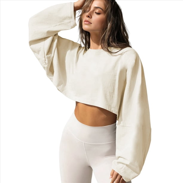 Sudaderas de Larga con Globo para Mujer, Sudaderas , Cuello Redondo Extragrande Albaricoque M