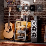 Lifewit 4 Tier AV Media Stand with Power Outlets, Stereo Racks with LED Lights, Wheels and Adjustable Shelves for Record Player, Rolling Media Console, Media Audio Tower Cabinet, 35", Rustic Brown