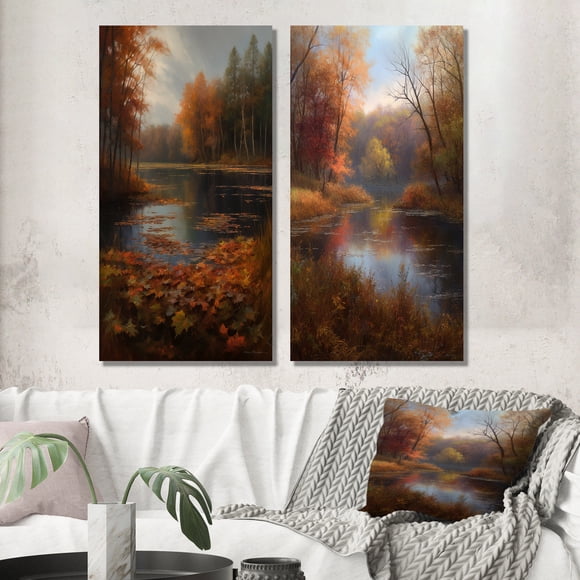 Designart "Misty Autumn Lake Watercolor Ambiance I" Lakehouse Wall Art Set Of 2 - Lake House Green Canvas Set For Living Room Decor