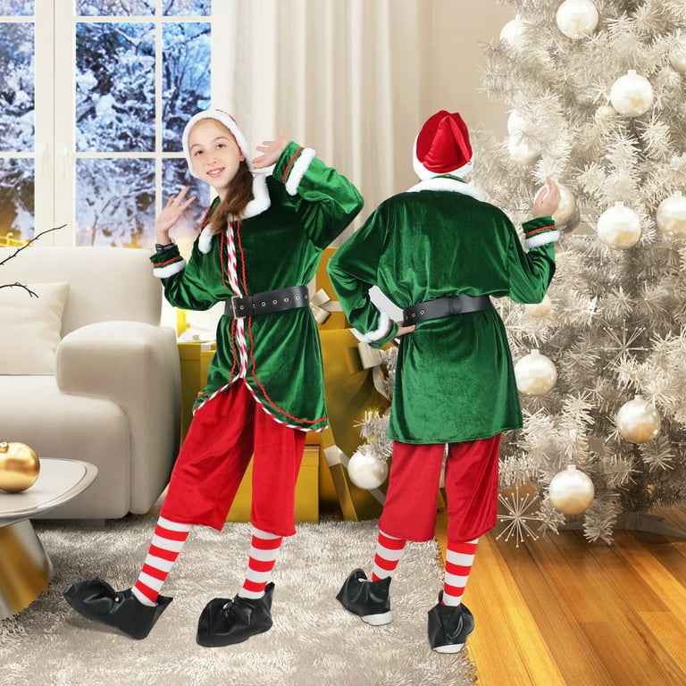 Mevige Christmas Elf Costume 6 Piece unisex Elf clothing Suit Cosplay Party Costume Adult Santa Outfit Xmas Holiday Party Set