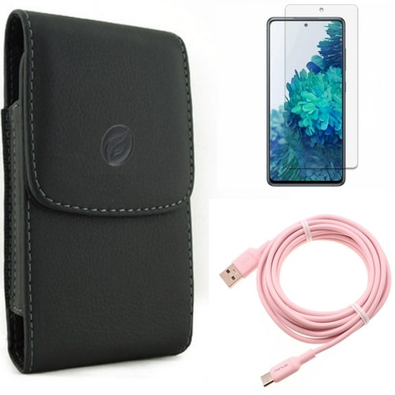 Case Belt Clip & 10ft Long USB-C Cable & Screen Protector for Samsung Galaxy S20 Fan Edition - Leather Holster   Pink Charger Cord   Anti-Glare Tempered Glass Combo