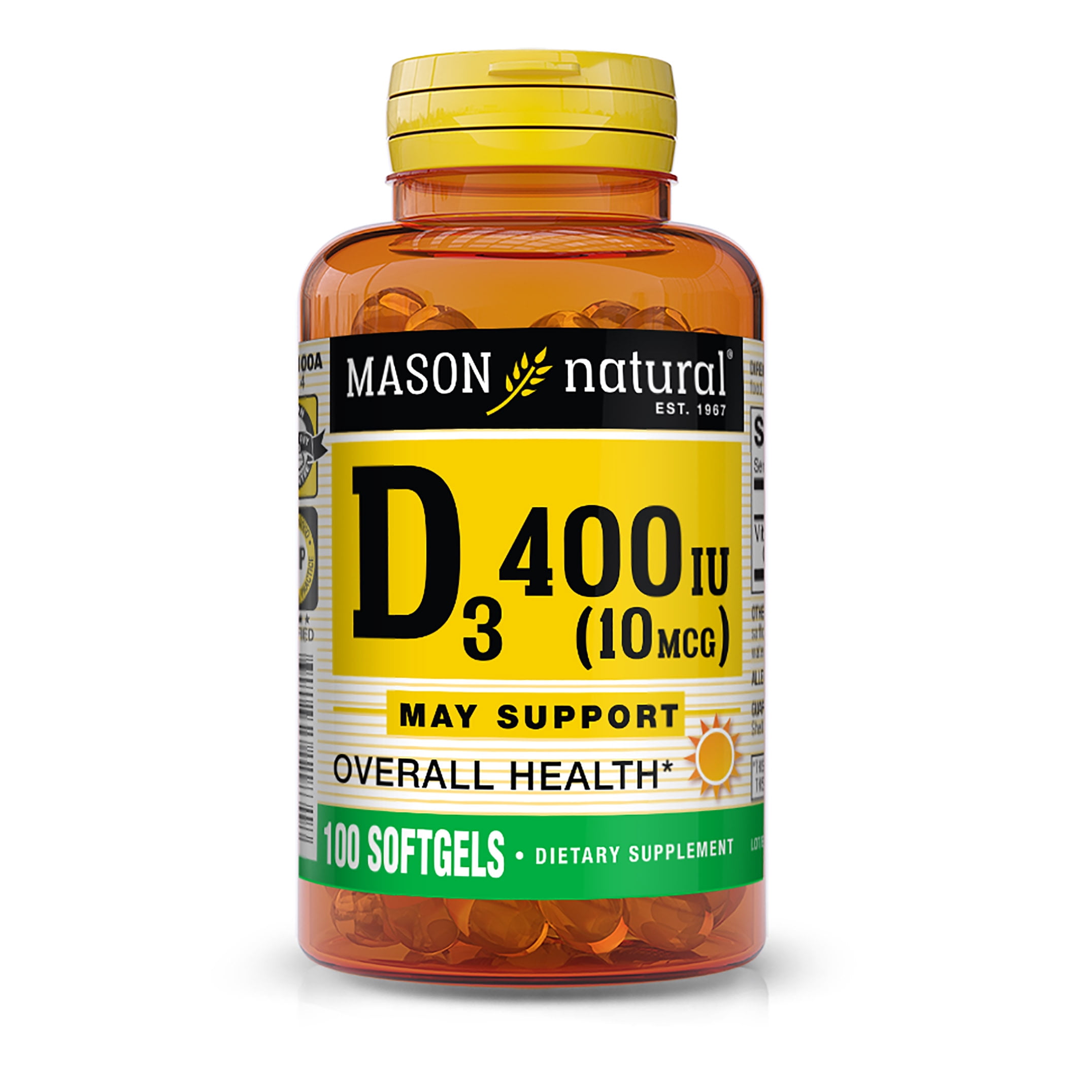Mason Natural Vitamin D3 10 mcg (400 IU) - Supports Overall Health, Strengthens Bones and Muscles, 100 Softgels
