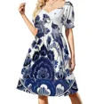 thumbnail image 3 of DUTCH BLUE DELFT: Vestido de noche de manga corta con estampado de pájaros y flores azules Vintage vestido de mujer ropa estética, 3 of 7