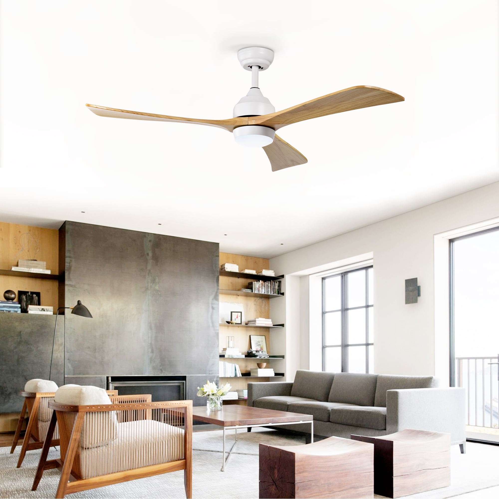 Ceiling Fan with Light, 52 Inch Solid Wood Blade Quiet Fan for Home Office Living Room, White Natural Wood