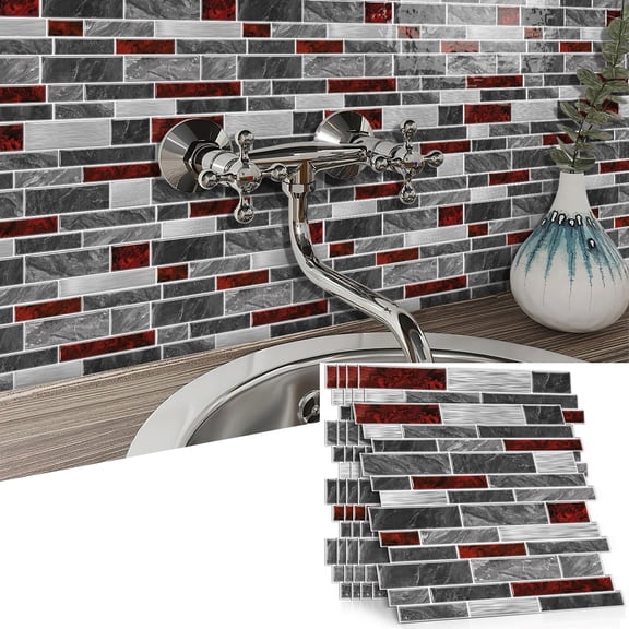 6Pcs Self Adhesive Tiles Stickers Wall Decals 12" x 12" Red and Gray Mosaic Marbling Waterproof Peel and Stick Kitchen Backsplash Wallpaper