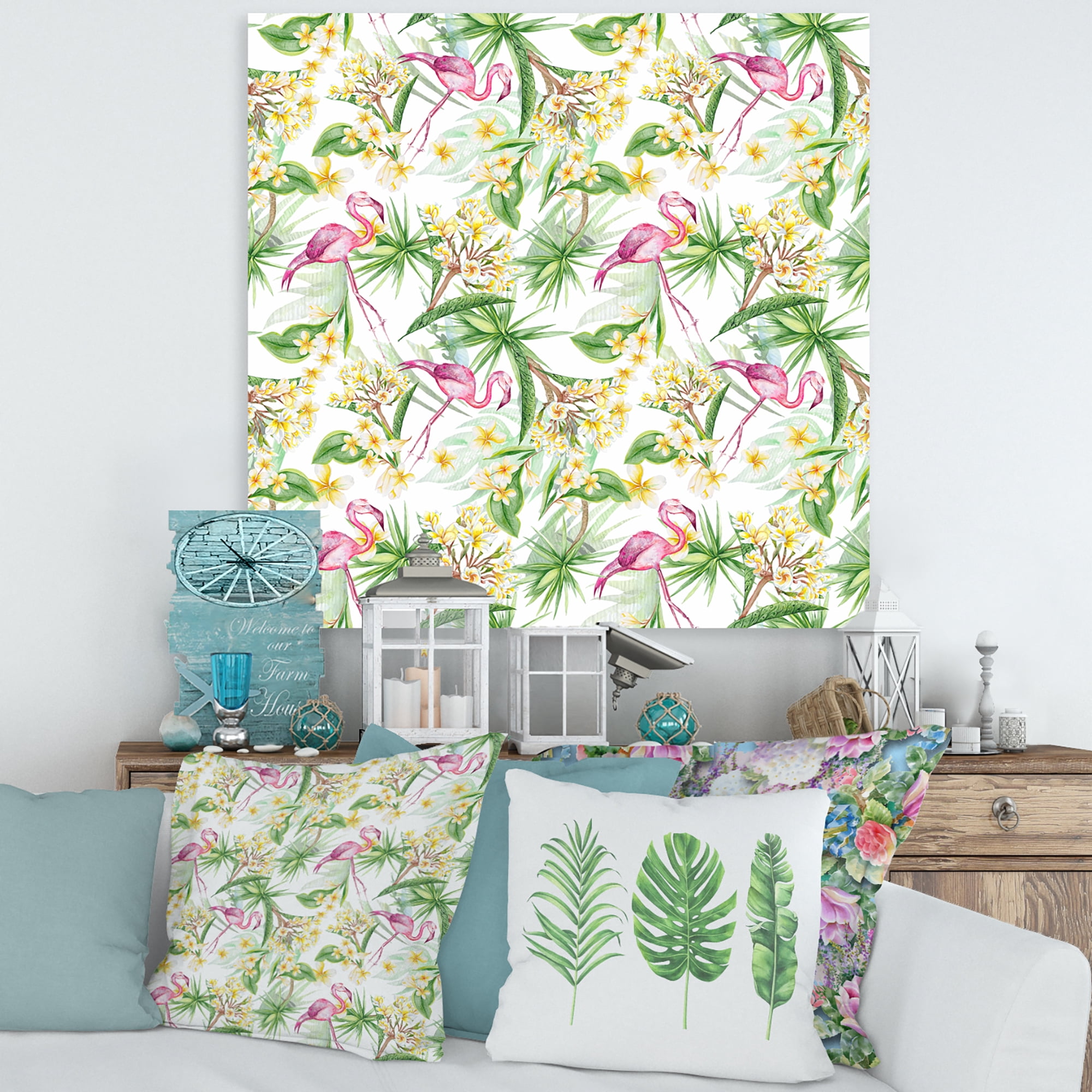 Designart ' Yellow Flowers, Tropical Foliage With Flamingo IV ' Modern Canvas Wall Art Print