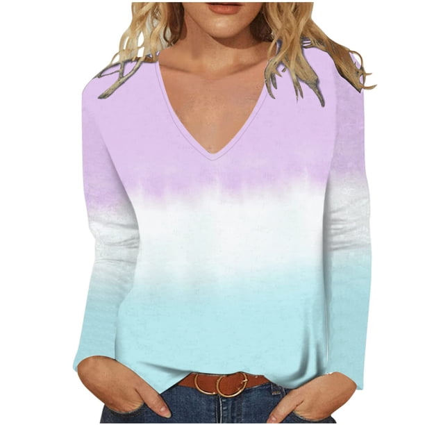 Blusa de manga larga con estampado de teñido anudado y cuello en V suelto informal para mujer Fridja fjkfkj3672