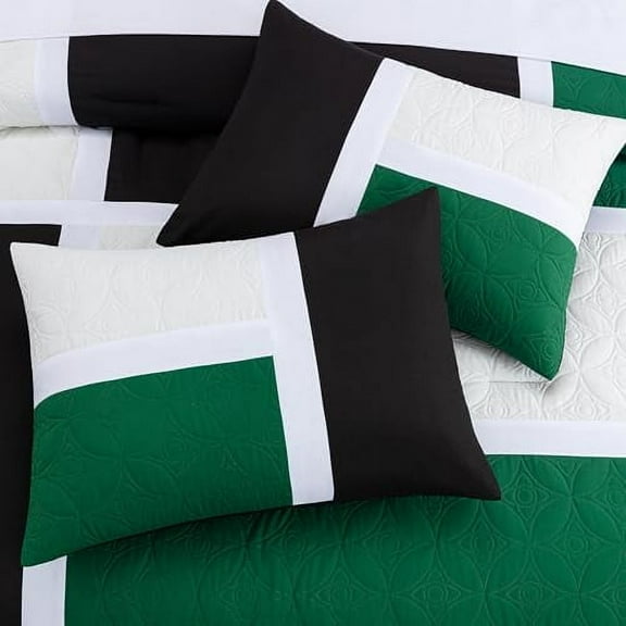 Chezmoi Collection Upland 7-Piece Quilted Patchwork Comforter Set, Green/Black/Cream White, Full