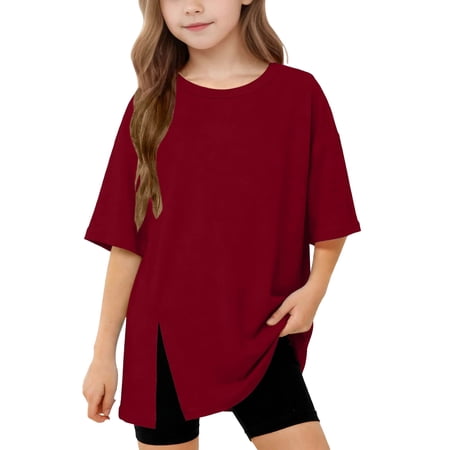 PiGOGI Kids Solid Color Loose Short Sleeve Top Slit Hem Casual T-Shirt Soft Breathable for Boys Girls Wine 12-13Years