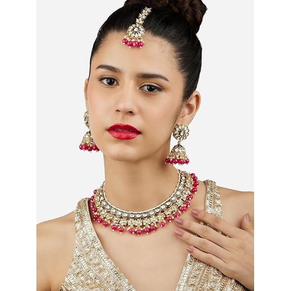 Green Meenakari & Rani Pink Beads Drop Kundan Choker Necklace Earring & Maangtikka Set For Women
