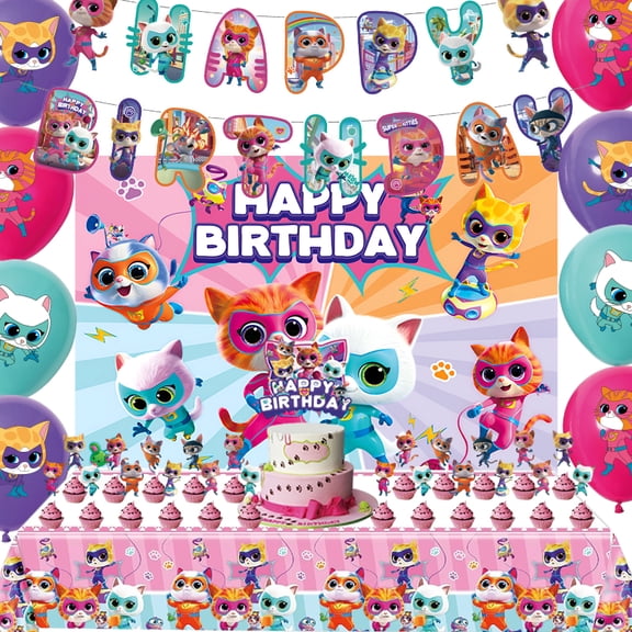 Super Kitties Birthday Party Supplies, Party Decorations Set Include Banner, Backdrop, Balloons, Cake Cupcake Toppers, Tablecloth for Super KittiesTheme Party