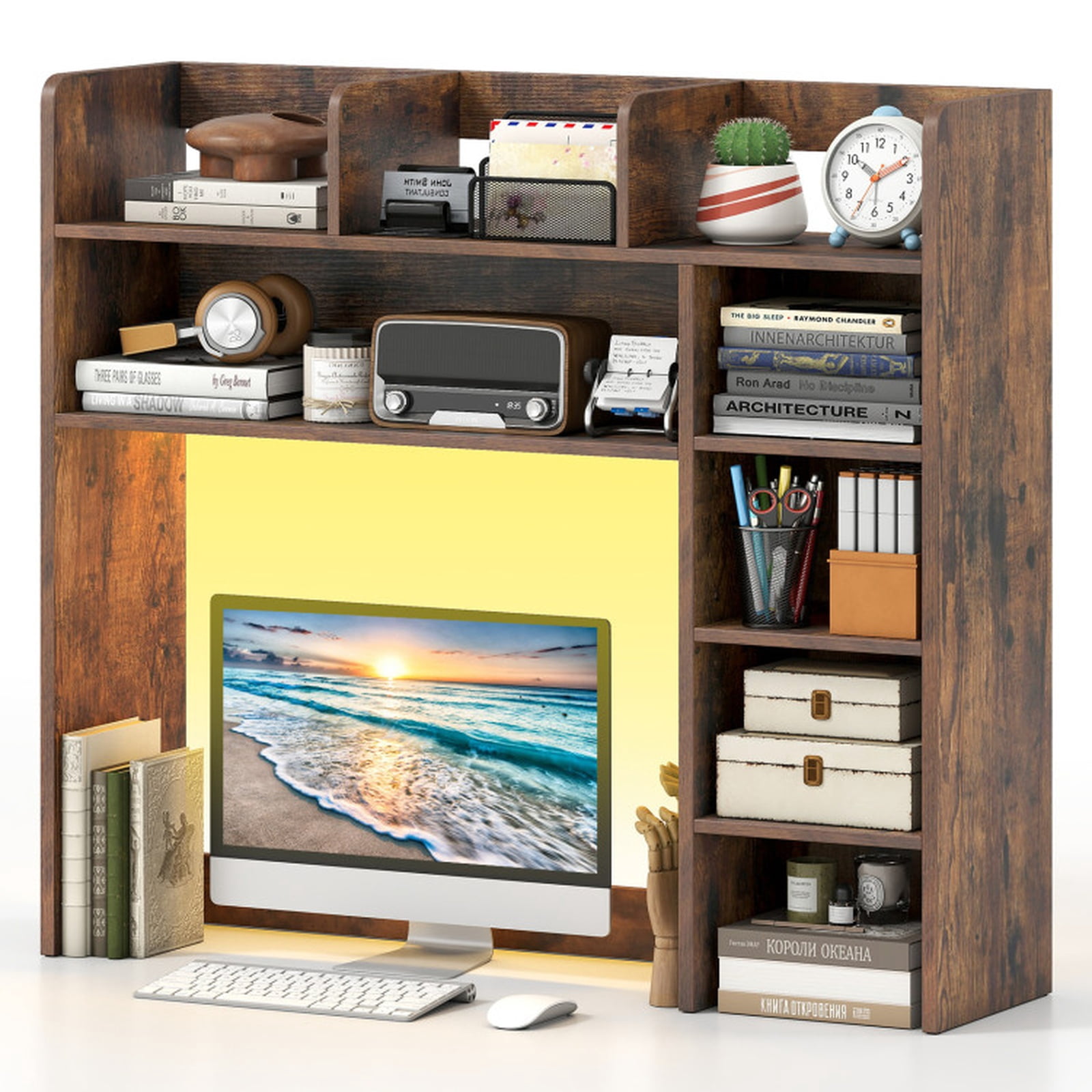 Furnibear Desktop Bookshelf with LED Lights 35.5 Inch Desk Hutch Storage Organizer with Adjustable Shelves and Remote, Rustic Brown