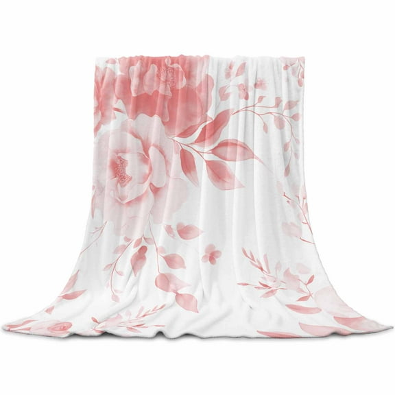 Pink Floral Art Flannel Blanket for Bed, Watercolor Botanical Spring Flowers Soft Cozy Warm Couch Throw Blanket, Lightweight Fluffy Plush Bedding Blankets for Sofa Decor All Season 40"x50"