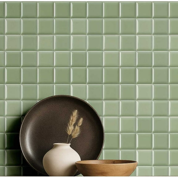 S4Sassy Self Adhesive Wallpaper, Mosaic Tile Print Wallpaper, Green Removable Diy Vinyl Tile Pattern Wall Covering, Plain Peel And Stick Contact Paper For Entryway, Kitchen Backsplash(25"X120")