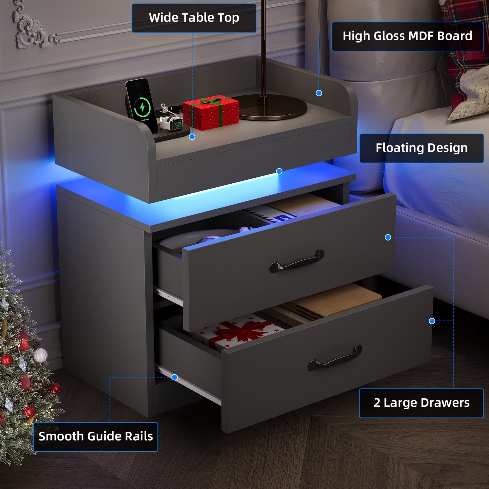 LED Nightstand, Modern Grey Night Stand End Tables with Charging Station & LED Lighting, 2 Drawers, Open Shelf Storage, Bedside Tables for Bedroom & Living Room
