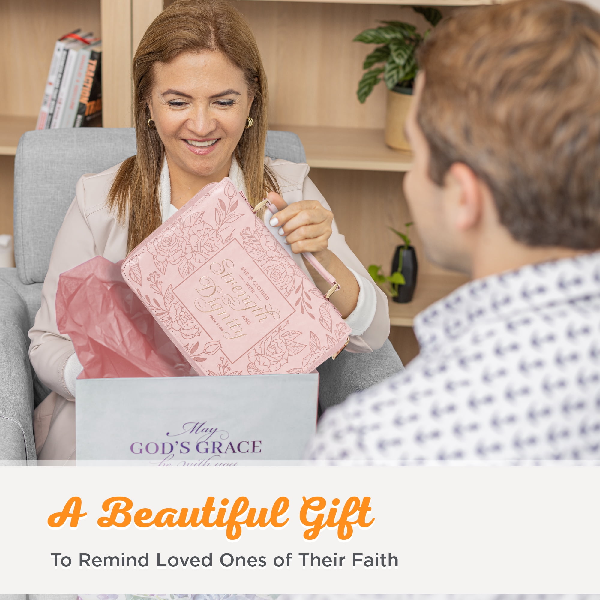 Christian Art Gifts Premium Vegan Leather Fashion Floral Bible Cover for Women: Strength & Dignity - Prov. 31:25 Inspirational Scripture Verse Carry Case w/Pockets & Pen Storage, Pink & Gold, Large