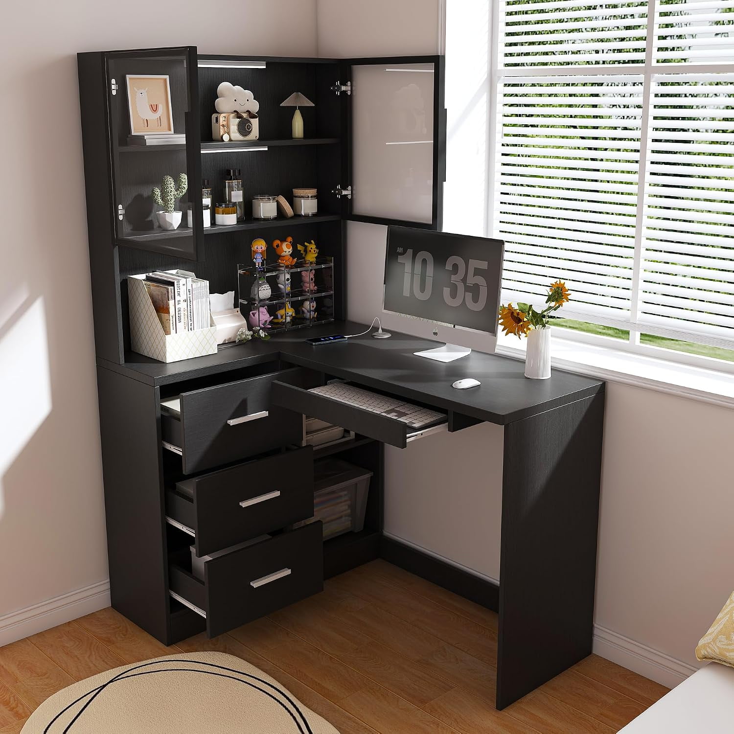 L-Shaped Computer Desk with Glass Cabinets & LED Lights Corner Work Desk with Power Outlets and Slide Drawers Home Office Desk with Storage Shelves Corner Office Desk for Home Office Gaming