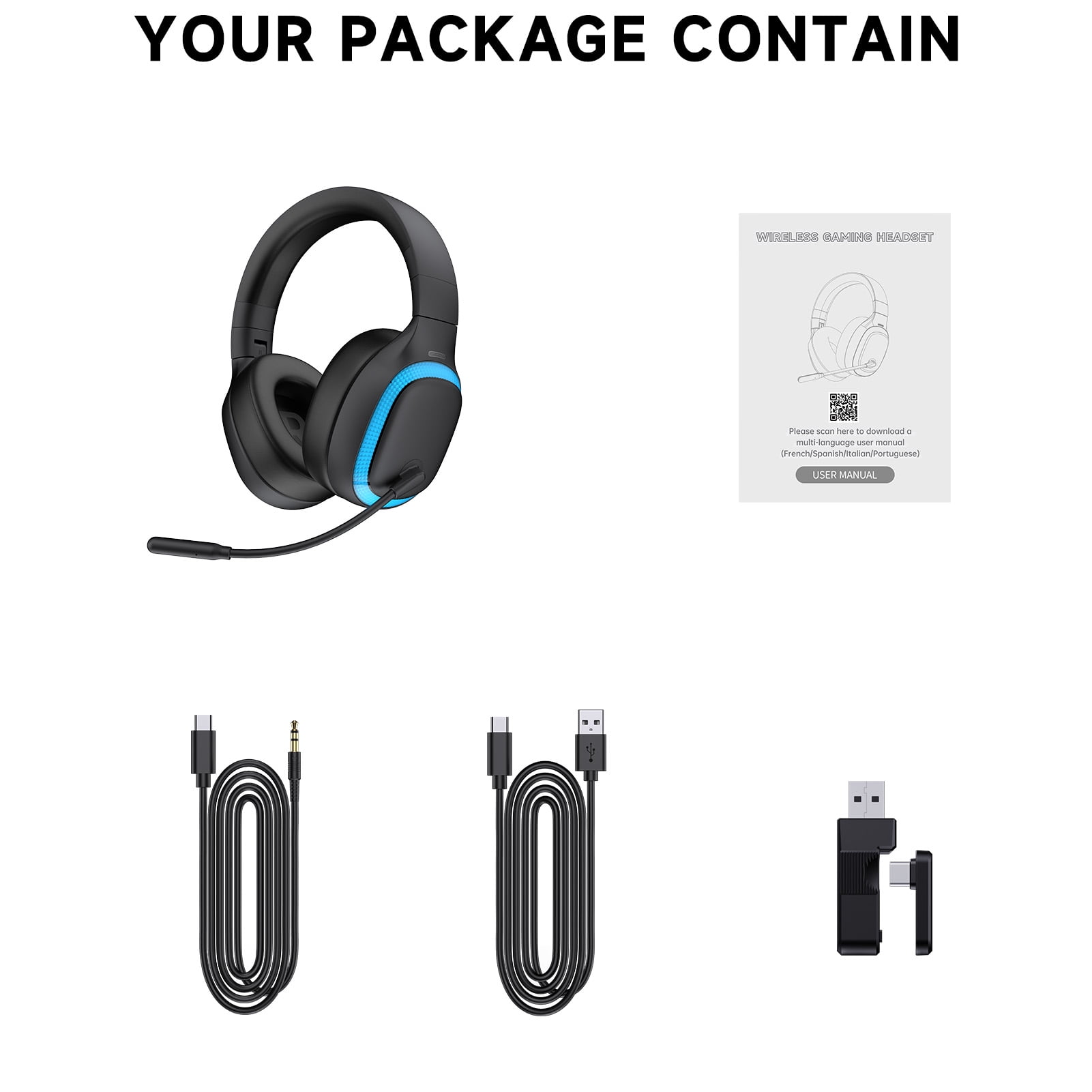 Ecomoment Wireless Gaming Headset for PS5, PC,Switch,Mac with Bluetooth 5.4, 2.4GHz USB PS5 Headset with Mic,Gaming Headphones with RGB Light, 70H Battery Life,Black-Blue