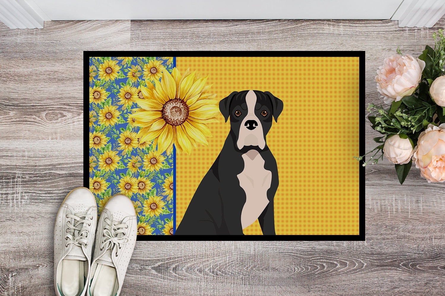 Carolines Treasures WDK5342JMAT 24 x 36 in. Summer Sunflowers Natural Eared Black Boxer Indoor or Outdoor Mat
