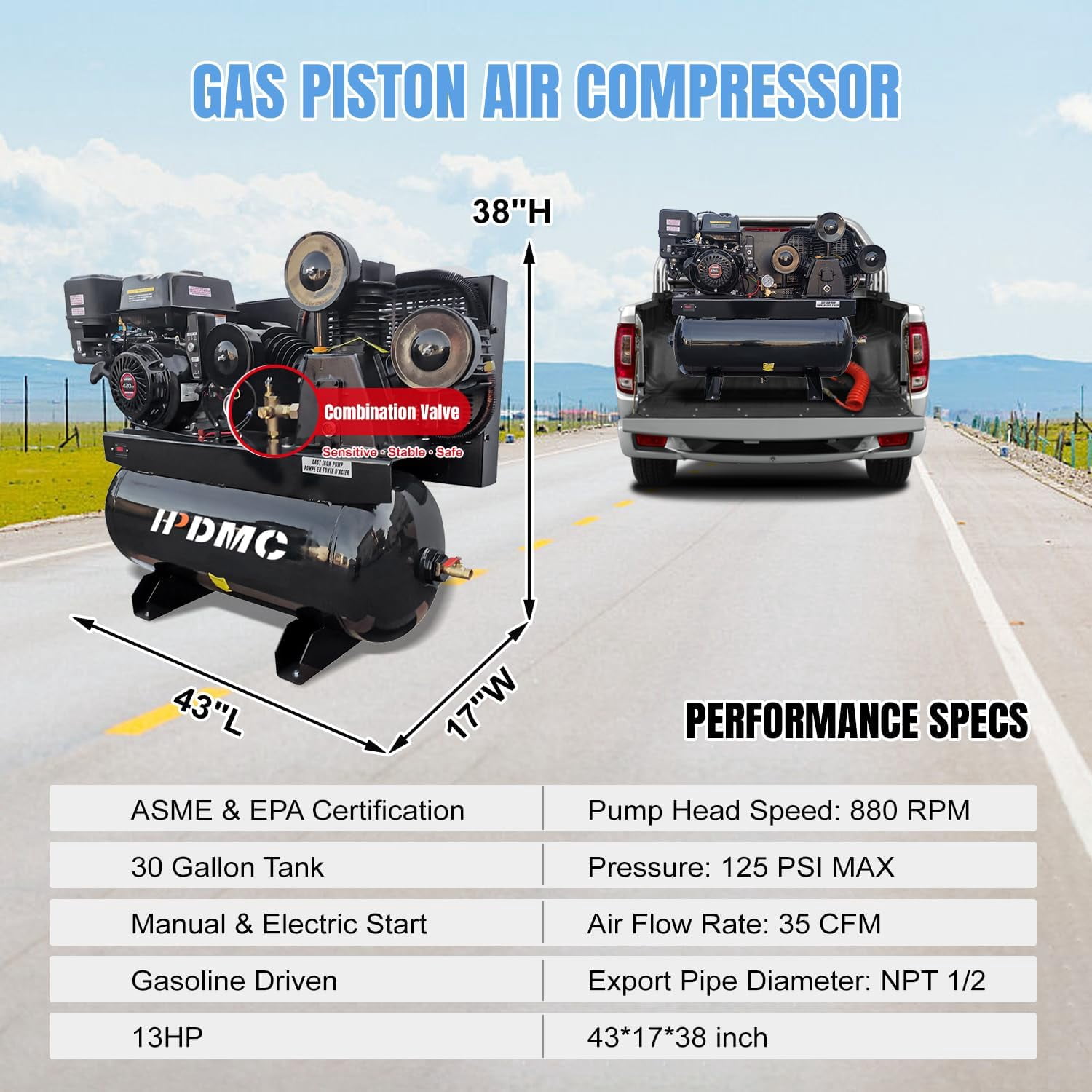 HPDMC 13HP Gas Powered Air Compressor - 35CFM 125PSI 3-Cylinder Piston Pump - 30 Gal ASME Tank - Electric Start Gas Air Compressor for Workshop, Construction & Farm - Heavy Duty Portable