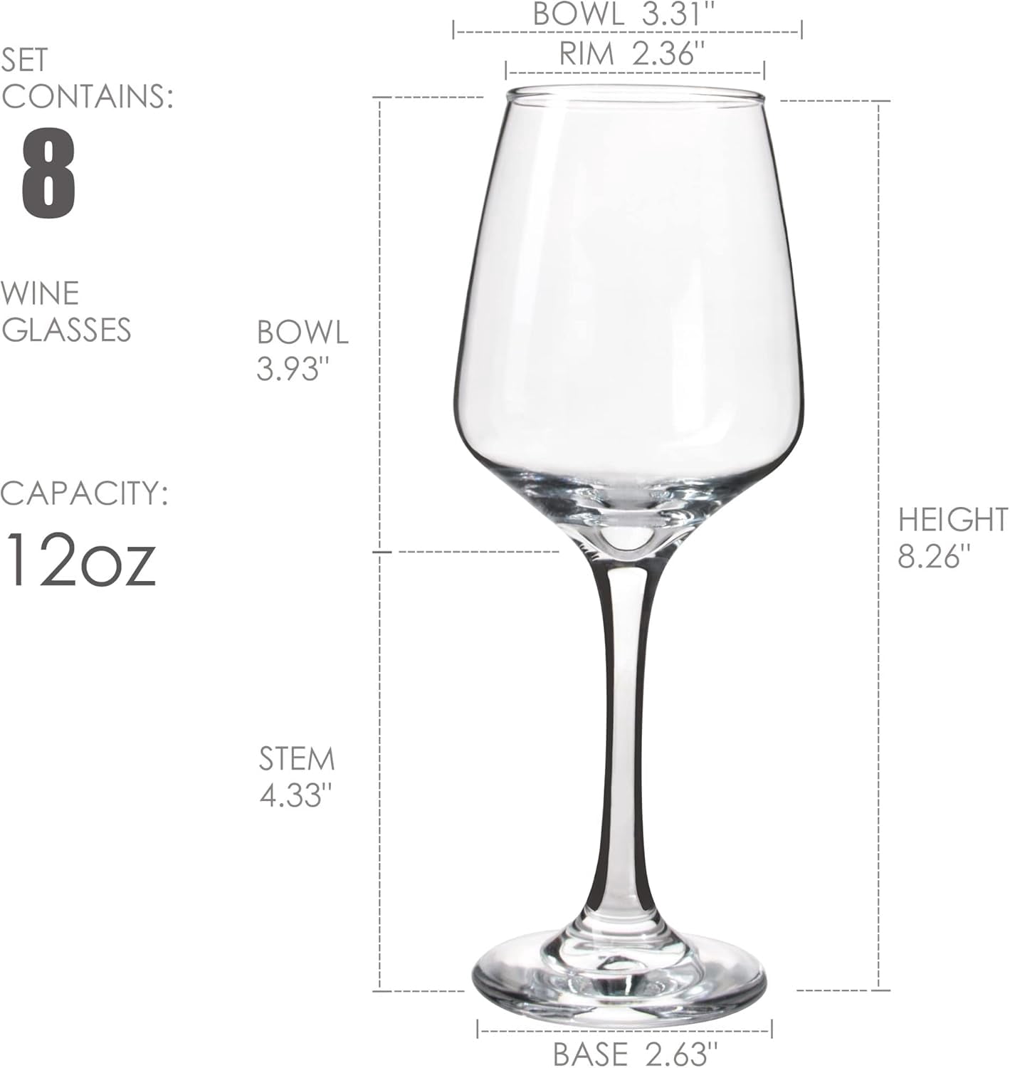 YANGNAY Wine Glasses Set of 8, 12 Oz Classic Red or White Glass with Stem, Perfect for Home, Restaurant Use, Dishwasher Safe