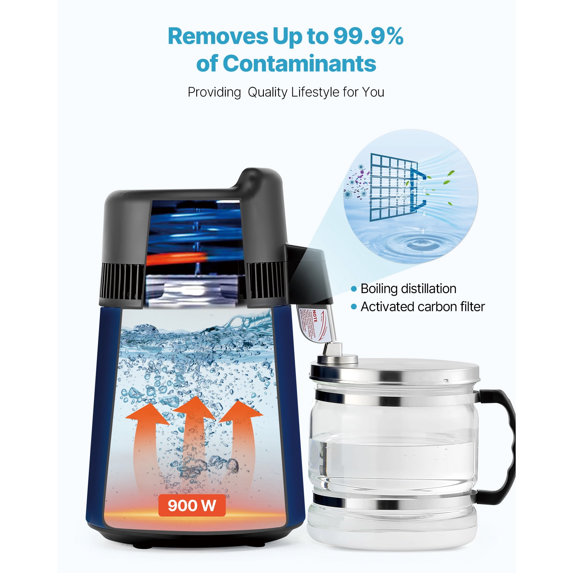 KFFKFF 6L 1.6 Gallon Water Distiller, Countertop Pure Water Purifier with 900W Power, Glass Container, Stainless Steel Design for Home Use, Blue-Black