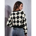 thumbnail image 4 of Women'S Knit Cardigan Sweaters Long Sleeve Argyle Open Front Button Down V Neck Cropped Coats Casual Trendy Tops Apricot Black L, 4 of 10