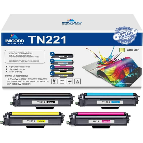4-Pack TN221 BK/C/M/Y Toner Cartridge (with Chip) Replacement for Brother High Capacity with HL-3140CW 3150CDN 3170CDW 3180CDW MFC-9130CW 9140CDN 9330CDW 9340CDW DCP-9015CDW 9020CDN Printer
