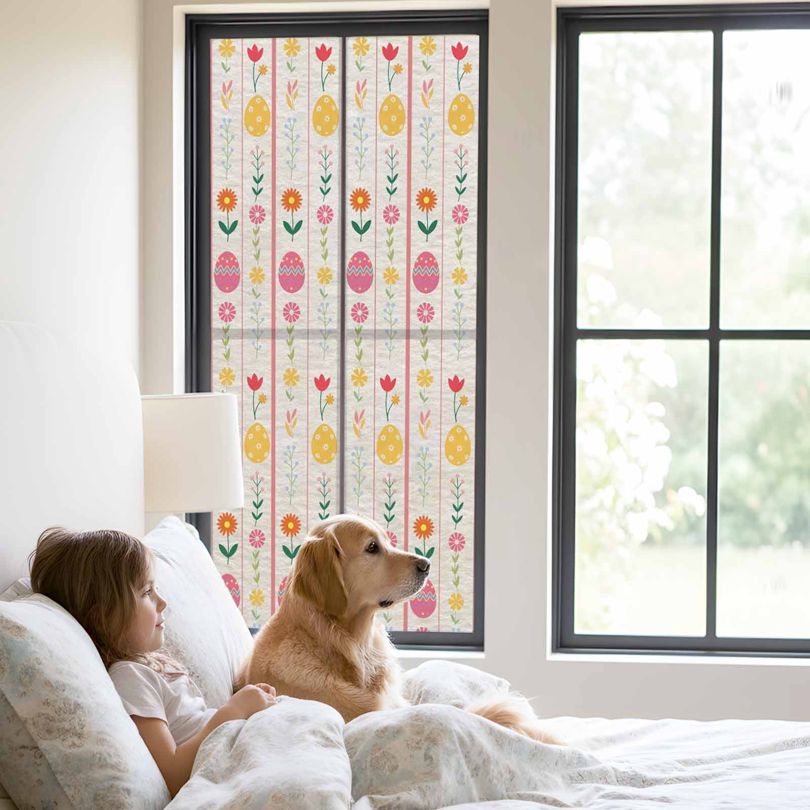 Easter Window Privacy Film, Spring Floral Eggs Leaf Pink Stripes Linen Texture Frosted Glass Window Clings Static Cling UV Heat Blocking Reusable Door Sticker for Bathroom 23.6 x 59 Inch