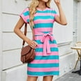 thumbnail image 4 of qolati Summer Dresses for Womens 2025 Striped Casual Crewneck Cap Sleeve Color Block Tshirt Short Dress Casual A Line Beach Mini Dresses, 4 of 6
