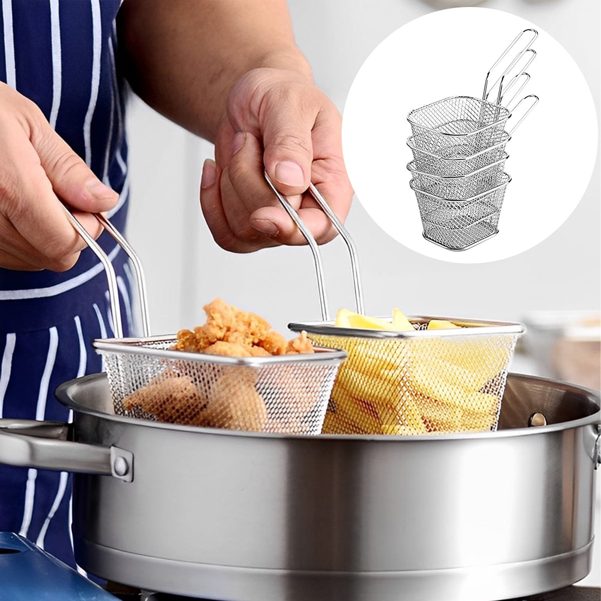 2pcs Deep Fryer Basket, Stainless Steel Fry Basket with Non-Slip Handle, Sturdy Square Food Strainer for Home and Commercial Use, Size: 11.027, Silver