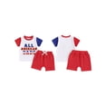 thumbnail image 3 of Toddler Boys 4th of July Shorts Sets Short Sleeve Letter Embroidery Tops Red Drawstring Shorts Sets, 3 of 10