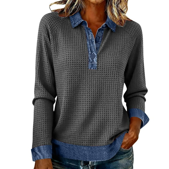 Haut Léger en Tricot Gaufré pour Femmes - Chandail-Over Ample à Boutons Quart, Blouse Décontractée pour Entraînement Quotidien Gris TTG