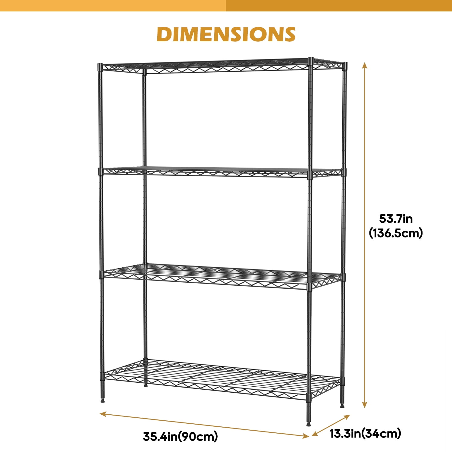 BestOffice 4 Tier Shelving Unit 35.4"L x 13.3"W x 53.7"H Metal Shelving Standing Storage Shelf with 4 Steel Frame Adjustable Layer Kitchen, Garage (Black)