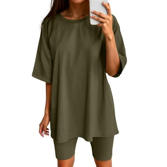 Women Shorts Sets Outfits Loose Fit Short Sleeve Solid Tshirt Tops Tight Shorts Running Yoga Sports Suit Summer Outfits For Women Army Green L