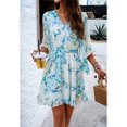 thumbnail image 6 of XCHQRTI Women's V Neck Wrap Mini Dress Floral Flowy Ruffle 3/4 Horn Sleeve Short Dress with Belt, 6 of 8