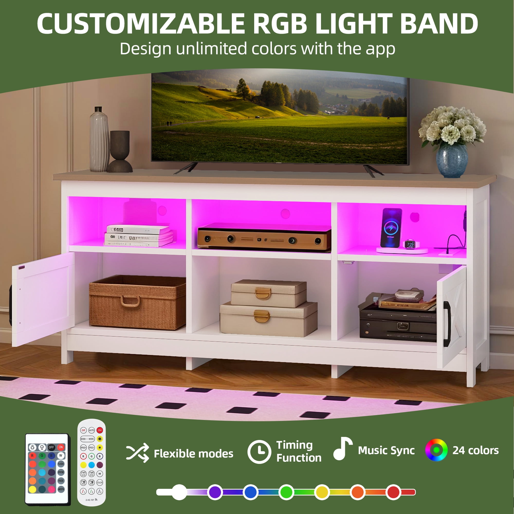 Uforic TV Cabinet with Storage, LED Lights, and Power Outlet, TV Stand for Living Room, Bedroom, or Apartment, Accommodate 65 Inch TVs, White and Walnut