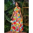 thumbnail image 3 of Womens Red Allover Tropical Floral Print Halter Neck Maxi Dress With Self-Tie Belt, Flowing Vacation Style, 3 of 8
