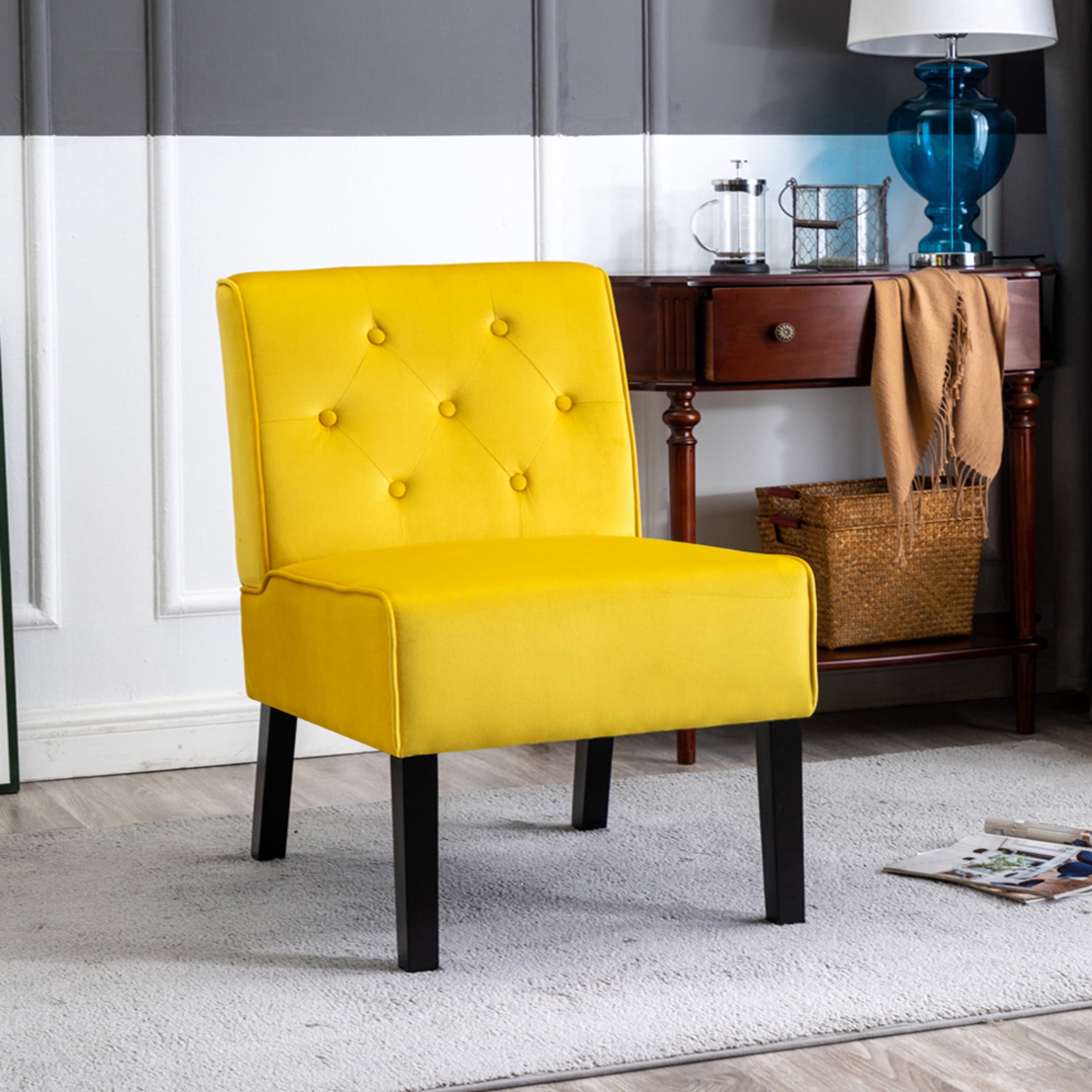 GDF Studio 21" Modern Accent Chairs Set of 2 with Button Tufted Velvet Upholstery, Tapered Wood Legs, Yellow
