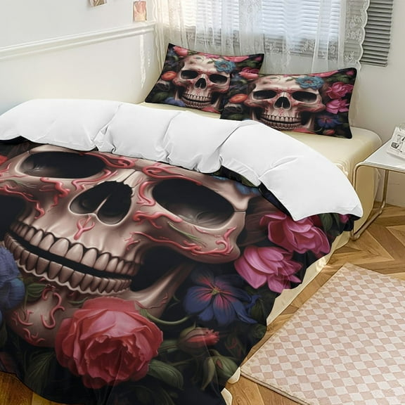 Colorful Flower Skull Duvet Cover Set Pattern Soft Bedding Set Comforter Cover Set(1 Duvet Cover   2 Pillowcases)