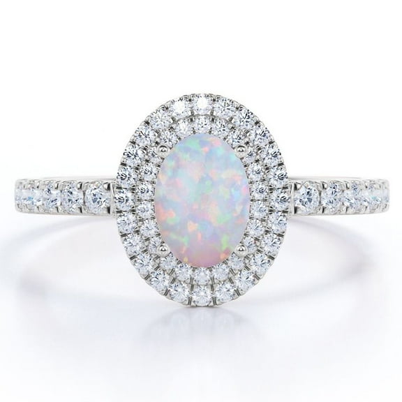 JeenMata 1.75 Carat Egg Shape Ethiopian Opal and Moissanite - Pave Set - Double Halo Cluster Engagement Ring - 18K White Gold Plating over Silver