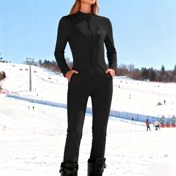 Women One Piece Ski Suits Casual Zipper Front Slim Fit Overalls Jumpsuits Fashion Outdoor Snowboard Snowsuits Purple 3XL