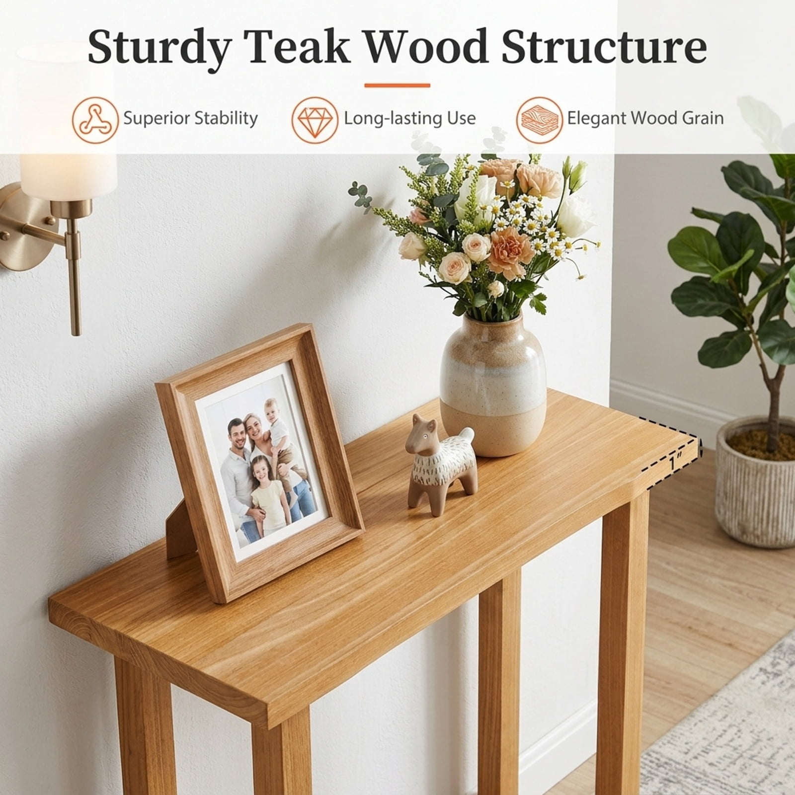 Furnibear 47 Inch Solid Teak Wood Console Table with Storage Shelf Farmhouse Sofa Table for Entryway Hallway Living Room, Natural